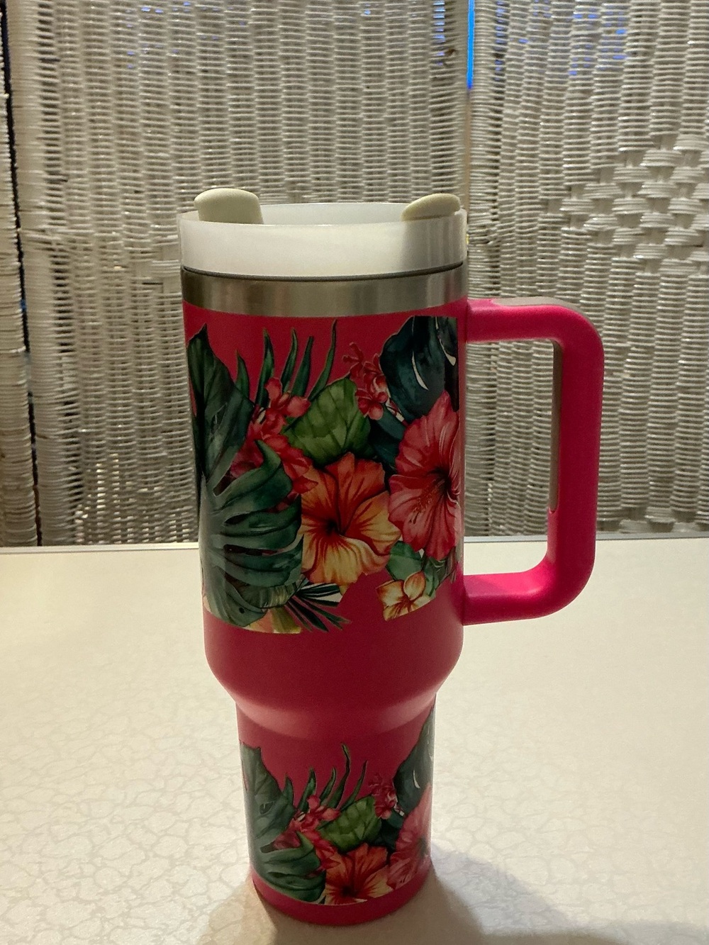 40 Oz. Pink Tropical Floral Travel Mug with Handle